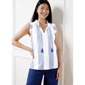 Talbots Blue Striped Sleeveless Top, Ruffle Trimmed, SZ M